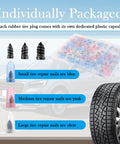 Individually packaged tire repair nails in blue, pink, and clear. Part of All In One Tire Repair Kit With 100 Pcs Rubber Nails.