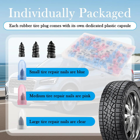 Individually packaged tire repair nails in blue, pink, and clear. Part of All In One Tire Repair Kit With 100 Pcs Rubber Nails.