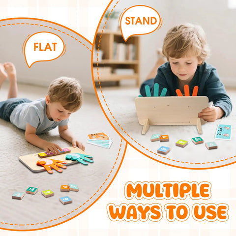 Two children engaging with the Super Slick Wooden Number Blocks And Finger Counting Board For Preschool Toddlers, using different setups.