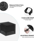 Waterproof Patio Ottoman Cover for Rectangular Outdoor Side Table 28.3 by 28.3 by 16.9 Inches, Heavy Duty Oxford Fabric, Weatherproof, with click-close straps and adjustable drawstring, black color.