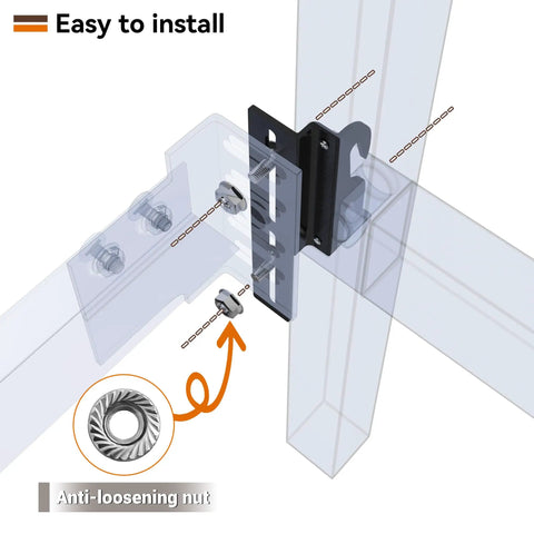Smooth Swap Bolt To Hook Bed Frame Brackets Universal Headboard Adapter Hardware installed on bed frame with anti-loosening nuts.