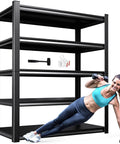 Beefy Five Tier Heavy Duty Metal Garage Shelving Unit With Adjustable Shelves for storage, with a person exercising beside it.