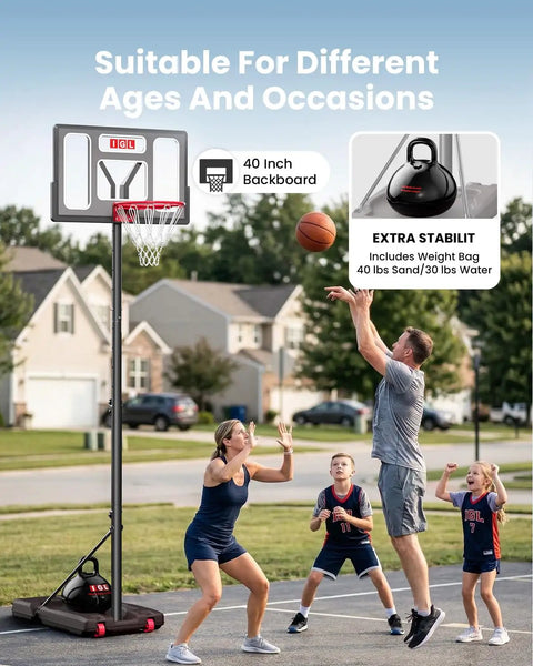 Portable Outdoor Basketball Hoop With 3-10Ft Adjustable Height, 40 Inch Shatterproof Backboard, Fillable Base in driveway use
