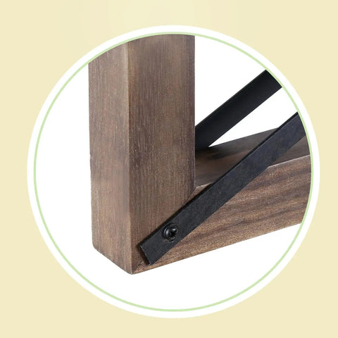 Close-up of oak and metal backplate for Industrial Three Light Vanity Fixture With Seeded Glass Shades 18.9 Inch Rustic Farmhouse Vibe.
