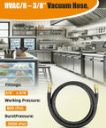 Heavy Duty Three Eighths Inch Vacuum Hose With Three Eighths Inch Fittings, Five Ft Black, Built To Handle 600 PSI Working Pressure And 3000 PSI Burst, Fits Most Refrigeration And Air Conditioning Equipment, R410A Ready For High Pressure Jobs