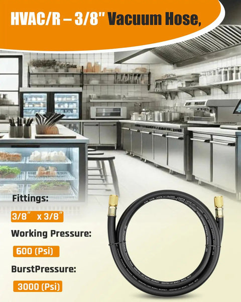 Heavy Duty Three Eighths Inch Vacuum Hose With Three Eighths Inch Fittings, Five Ft Black, Built To Handle 600 PSI Working Pressure And 3000 PSI Burst, Fits Most Refrigeration And Air Conditioning Equipment, R410A Ready For High Pressure Jobs