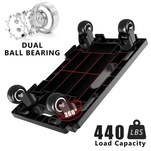 Heavy Duty 4 Wheel Furniture Dolly With Interlocking Design No Tools Needed Easy Move Rolling Platform Mover For Large Items 440 Lb Capacity Flat Dolly With Wheels Black 1 Pack, showing dual ball bearings and 360-degree rotation.