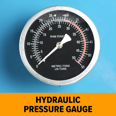 Industrial Grade Steel Shop Press Featuring Adjustable Cylinder Stroke Reinforced Welded Frame And Manual Operation For Slick Assembly And Knockout Pressing Power - hydraulic pressure gauge close-up