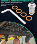 Magnetic Oil Drain Plug Kit M14x1.5 For Cars And Bikes Makes Changing Fluid Easy Without Drilling Messy Holes In Your Pan For A Clean Swap And Better Engine Health. stainless steel plug, washer, and wrench