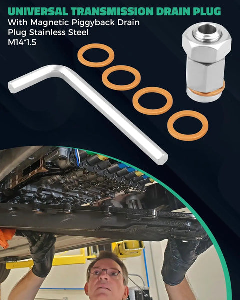 Magnetic Oil Drain Plug Kit M14x1.5 For Cars And Bikes Makes Changing Fluid Easy Without Drilling Messy Holes In Your Pan For A Clean Swap And Better Engine Health. stainless steel plug, washer, and wrench