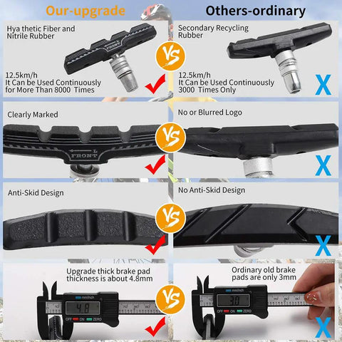 Comparison of our Long Lasting Bike Brake Pads Set with universal 70mm V brake shoes showing benefits over ordinary pads