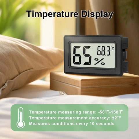 6 Pack Mini Digital Hygrometer And Thermometer Combo For Home Fridge And Reptile Tanks With Built In Probe Fahrenheit Readings Easy Read Humidity Gauge And Temp Monitor Compact Indoor Climate Meter on bedside table