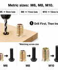 Heavy Duty Carbon Steel Threaded Wood Insert Kit 151 Piece M6 M8 M10 Screw In Set With Hex Wrenches, demonstrating size comparison and installation steps.