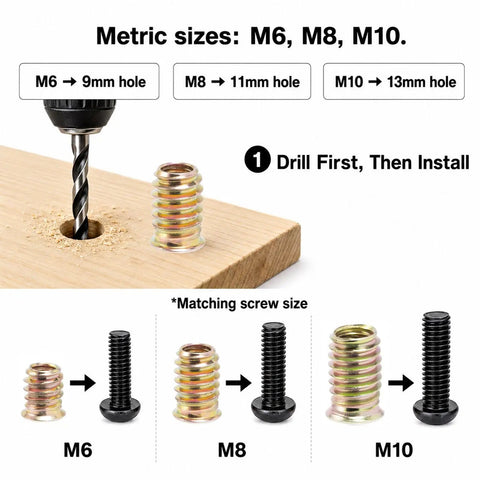 Heavy Duty Carbon Steel Threaded Wood Insert Kit 151 Piece M6 M8 M10 Screw In Set With Hex Wrenches, demonstrating size comparison and installation steps.