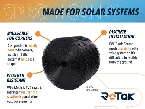 Premium Solar Panel Bird And Critter Proof Mesh Roll With Sixty Fastening Clips To Keep Nasty Animals Off Your Roof - Black PVC coated roll for discreet installation.