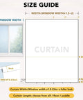 Size guide for 100% Blackout Curtain Panels With TPU Bonded Lining For Hella Dark Rooms, showing window dimensions and curtain fit.