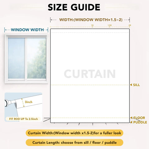 Size guide for 100% Blackout Curtain Panels With TPU Bonded Lining For Hella Dark Rooms, showing window dimensions and curtain fit.
