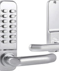 Keyless Entry 14 Digit Keypad Mechanical Door Lock Lever Set, Satin Chrome Finish, 60mm Backset Latch, Fits Standard 2 1/8 Inch Holes