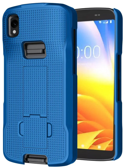Heavy Duty Kickstand Case Paired With Swivel Belt Holster Combo For Zebra Tc22 And Tc27 Warehouse Scanners, blue rugged design.