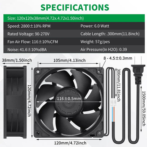 120mm x 38mm Axial Fan With Ball Bearing, Multi Voltage 110V 120V 220V 240V, Crazy High Airflow For Server Racks, specifications view