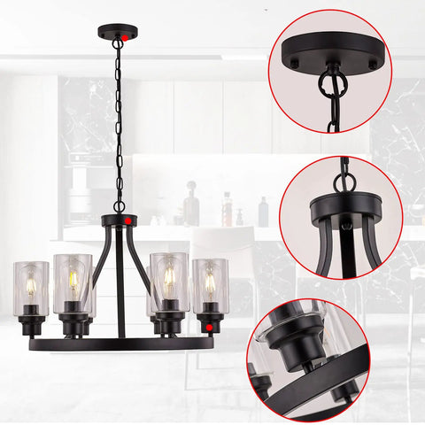 Farmhouse Chandelier For Dining Room Black Pendant Light 6-Light Round Rustic Ceiling Fixture With Glass Globes Adjustable Height