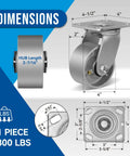 Dimensions of Heavy Duty Industrial 4X2 Swivel Caster Wheels with galvanized steel hub, showing 4 inch size and 800 lb capacity.