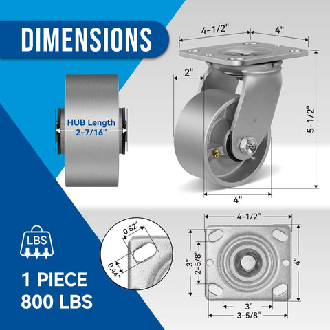 Dimensions of Heavy Duty Industrial 4X2 Swivel Caster Wheels with galvanized steel hub, showing 4 inch size and 800 lb capacity.