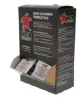 Front view of black MCR Safety Lens Cleaning Towelettes box with 100 wipes, sachets visible.