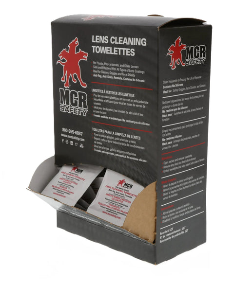 Front view of black MCR Safety Lens Cleaning Towelettes box with 100 wipes, sachets visible.