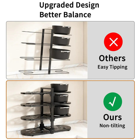 Adjustable 8 Tier Heavy Duty Pots and Pans Organizer for Kitchen Cabinet Storage Black Vertical Cookware Rack showcasing better balance design.