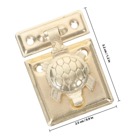 Two-Pack Heavy Duty Jewelry Box Latch With Decorative Turtle Lock Buckle, close-up of gold-finish iron latch, dimensions shown