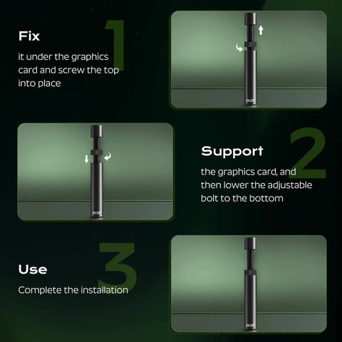 Installation steps for GPU Sag Bracket With Magnetic Base And Non-Slip Stand For Graphics Cards showing adjustable support