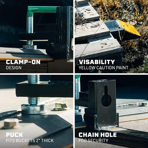 Beefy Medium-Duty Clamp-On Pallet Forks with Adjustable Stabilizer Bar, easy mount on loader or skid steer, close-up of design features.