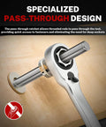 Specialized pass-through design of 47 piece socket set ratchet allowing easy access to fasteners for long bolts.