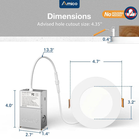 Diagram showing dimensions of 12 Pack 4 Inch Ultra Thin LED Recessed Dimmable Ceiling Lights With Junction Box 5CCT Selectable.