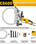 High Frequency AC8600 Ring Saw with 49cm cutting depth and included installation tools for precise masonry cutting.