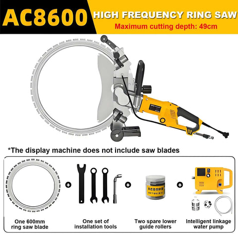 High Frequency AC8600 Ring Saw with 49cm cutting depth and included installation tools for precise masonry cutting.
