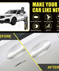Acura Platinum White Pearl Touch Up Paint Kit 2 in 1 Car Scratch Remover With Pen Tip And Brush Exact Color Matched For Acura Paint Repair Chips And Nicks Quick Easy Fix For Scratches, showing before and after of car door scratch repair.