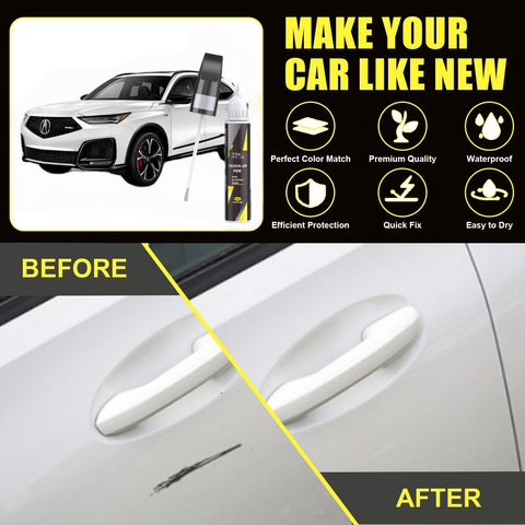 Acura Platinum White Pearl Touch Up Paint Kit 2 in 1 Car Scratch Remover With Pen Tip And Brush Exact Color Matched For Acura Paint Repair Chips And Nicks Quick Easy Fix For Scratches, showing before and after of car door scratch repair.