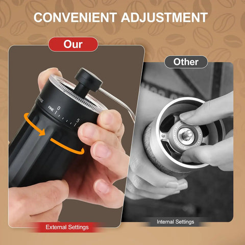 Manual Coffee Grinder With 40 Adjustable Settings Portable Conical Burr Grinder shown with external adjustment feature