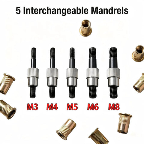 Complete 440-Pc Metric Rivet Nut Tool Kit With Heavy Duty Hand Gun For Auto Repair, Sheet Metal Work, Furniture Assembly And Diy Projects Featuring Interchangeable M3 M4 M5 M6 M8 Mandrels, 5 mandrels