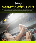 Rechargeable COB LED Work Light With Magnetic Base in use, illuminating a man repairing electrical wires, hands free with hook.