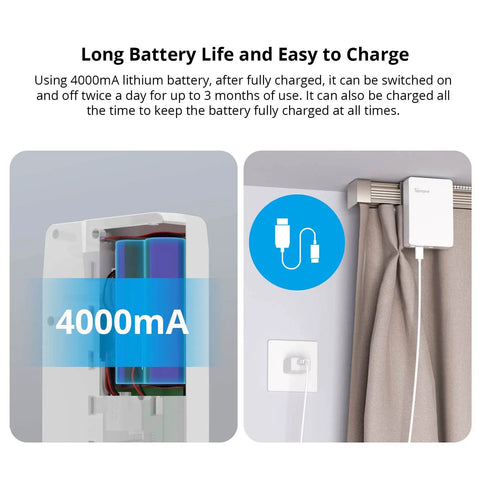No Sweat Install Zigbee Smart Curtain Motor And Heavy Duty Electric Curtain Driver with 4000mA battery and charging details.