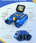 Kids Binoculars With Night Vision Camera And 10X Optical Zoom, Magic Adventures Telescope Toy Gift For Boys And Girls Ages 3 To 10 Plus, Day And Night Viewing On A Bright 2.4 Inch Screen For Outdoor Explorers. Blue binoculars with screen and labeled buttons