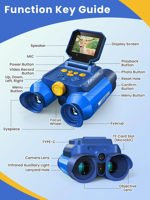 Kids Binoculars With Night Vision Camera And 10X Optical Zoom, Magic Adventures Telescope Toy Gift For Boys And Girls Ages 3 To 10 Plus, Day And Night Viewing On A Bright 2.4 Inch Screen For Outdoor Explorers. Blue binoculars with screen and labeled buttons
