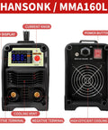 Front and back view of 110/220V MMA Arc Welder 160A Stick Welder with LED display, current knob, power button, and cooling fan.