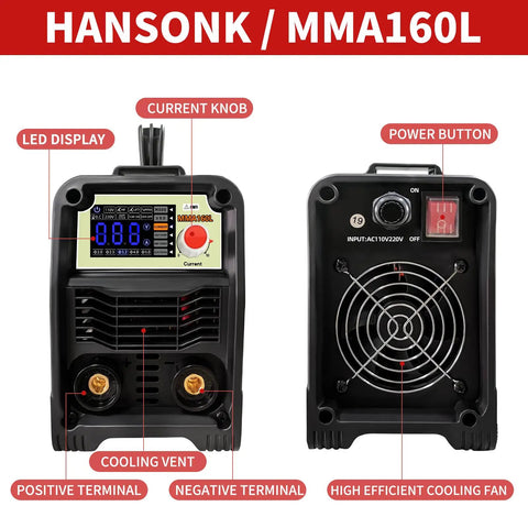 Front and back view of 110/220V MMA Arc Welder 160A Stick Welder with LED display, current knob, power button, and cooling fan.