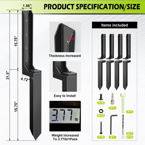 Dimensions and components of 4 Pack Heavy Duty Fence Post Repair Kit with Ground Stakes for Fixing Tilted or Broken Wood Posts.