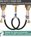 Y mixer hose connecting to Waterfall Widespread Bathroom Faucet With Two Handles Matte Black Finish, Metal Pop Up Drain And Faucet Supply Lines, cUPC Certified, Demeter 1431804 No Brainer Setup.