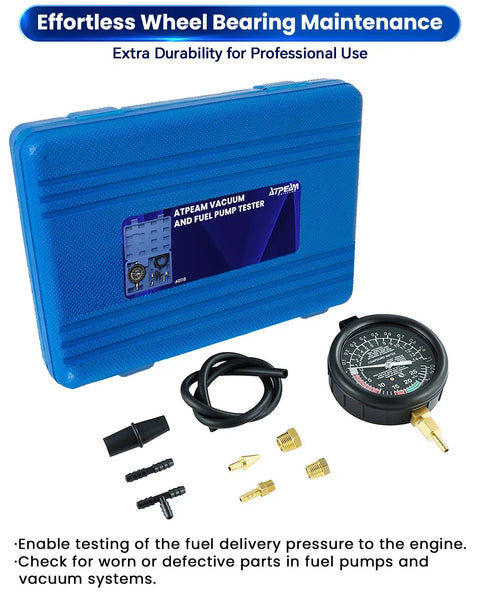 All in One Vacuum and Fuel Pump Tester Gauge Kit for Your Ride, Check Fuel Pump Pressure, Fuel Pump Vacuum, Carburetor Intake Manifold Vacuum, and Vacuum Tests With Easy to Follow Instructions in blue case